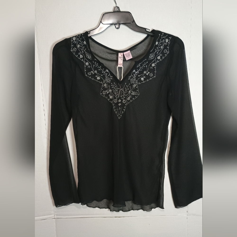 Dolled Up By Fang Black Sheer Blouse with Embroidey Size Large